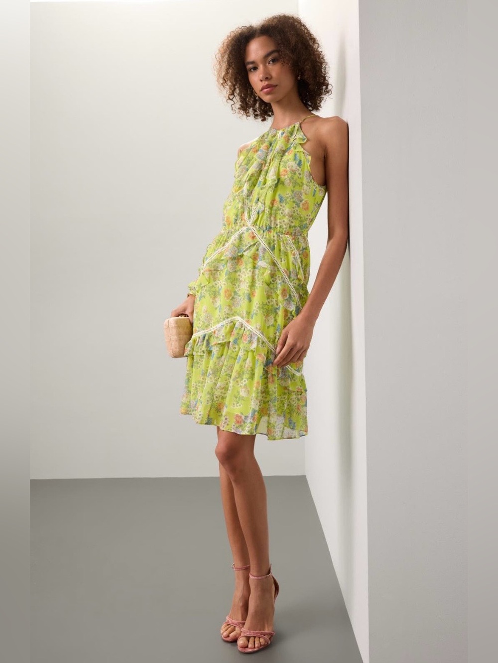 Marissa Webb~Green Floral Ruffle Halter Mini Dress w/ Back Tie~Size 4~$365~